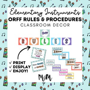 Puede incluir: Un conjunto de decoración digital para el aula titulado Elementary Instruments Orff Rules & Procedures. Incluye tarjetas coloridas con la palabra RULES, texto instructivo como Make music not noise! y etiquetas para instrumentos.