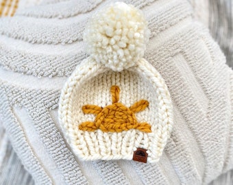 Hand knit sunshine chunky knit beanie |  sun baby, toddler or child Pom Pom hat | winter hat | modern boho | golden mustard sun on ivory hat