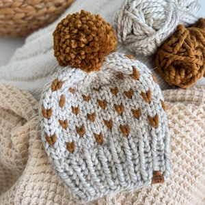Chunky knit fair isle golden flax and wheat wool beanie for babies, toddlers and children + doll size option | modern boho toddler | Neutral
