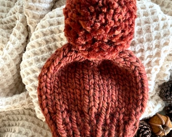 Chunky wool knit Pom Pom beanie |Neutral solids | for children, toddlers, and baby | jumbo pom | Pom| spice
