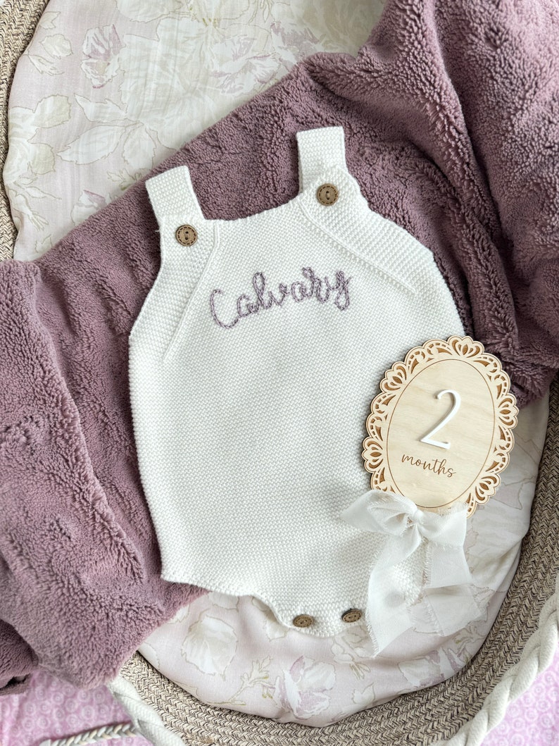 Hand embroidered knit baby romper customized baby gift newborn baby toddler name romper baby shower coming home outfit image 5