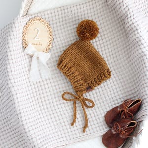 Può includere: Un berretto per neonato di lana marrone con un pon pon in cima, un cartello di legno che dice "2 mesi", una coperta bianca e scarpine di cuoio marroni in un cesto di vimini bianco.