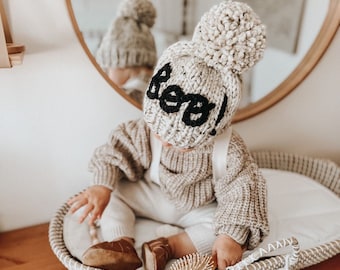 ¡Buu! Gorro con pompón / Tejido a mano / Halloween / Hecho a mano / Gorro para niño / Gorro para bebé / Gorro para bebé / Gorro con pompón gigante