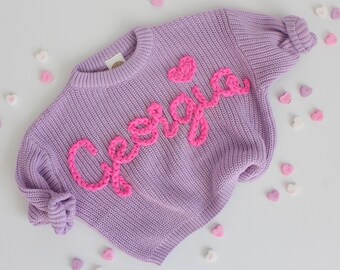 Personalized name sweater | customized toddler knit sweater | custom baby name sweater | hand embroidered | lilac monogram sweater