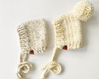 Chunky wool knit Pom Pom pixie bonnet |baby bonnet| for children, toddlers, and baby | baby bonnet | Pom bonnet | baby gift | baby shower