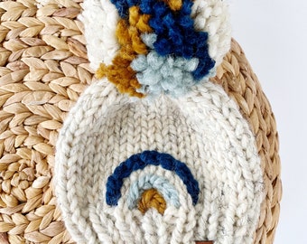 Hand knit rainbow | chunky knit wool | baby, toddler or child Pom Pom beanie| also doll + me bundles | modern boho baby | blue rainbow