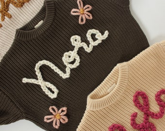 CUSTOM embroidered name sweater | toddler name sweater | personalized baby name sweater | hand embroidered | chunky yarn | dark olive color