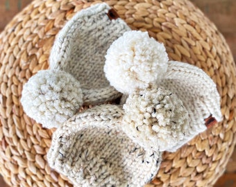 Chunky wool knit Pom Pom beanie |Neutral solids | for children, toddlers, and baby | oatmeal, ivory, wheat