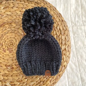 Chunky wool knit Pom Pom beanie | solid| black | for children, toddlers, and baby