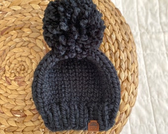 Chunky wool knit Pom Pom beanie | solid| black | for children, toddlers, and baby