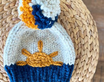 hand knit sunshine beanie |wool blend knit Pom Pom beanie | handmade knit winter hats wool | navy + mustard + wheat