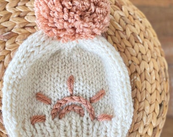 Sunrise Beanie | peachy mauve and winter white Pom Pom beanie | sun | sunshine | winter hat | baby, toddler, children sizes