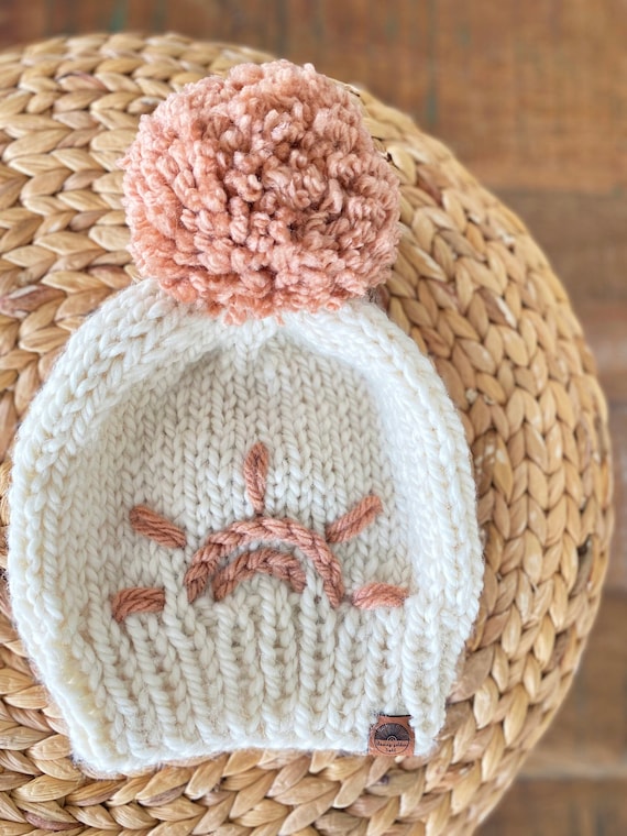 Sunrise Beanie Peachy Mauve and Winter White Pom Pom Beanie