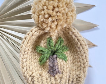 Hand knit palm tree chunky knit beanie |  baby, toddler or child Pom Pom hat | winter hat | modern boho | peanut + grass green