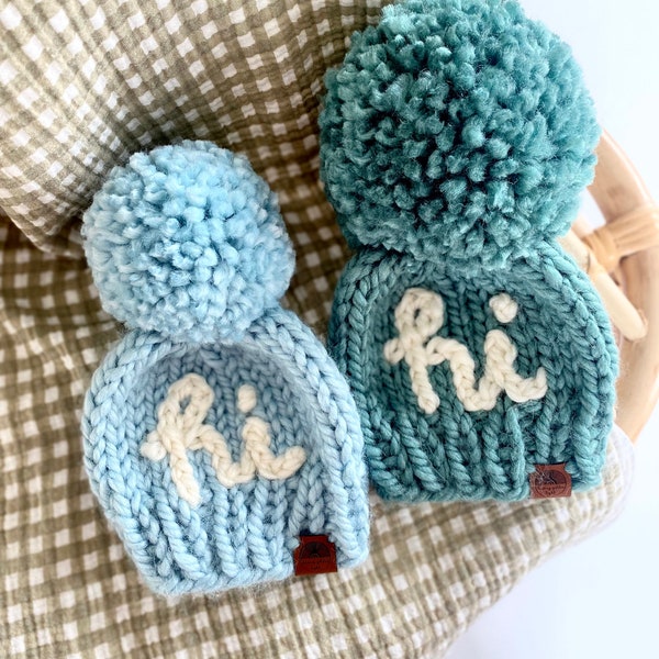 Hi chunky knit beanie | baby, toddler beanies | newborn baby announcement | gender reveal | going home outfit | glacier + succulent + blue