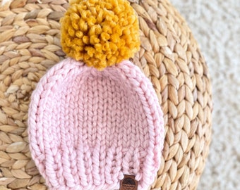 Chunky wool knit Pom Pom beanie | solid| pink + Pom color choice | for children, toddlers, and baby | blush hat + mustard, white or pink