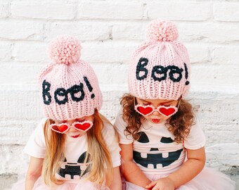 ¡Bu! Gorro con pompón / Tejido a mano / Halloween / Hecho a mano / Gorro para bebé / Gorro para niña / Gorro de bebé / Gorro Boo / Pom Pom gigante
