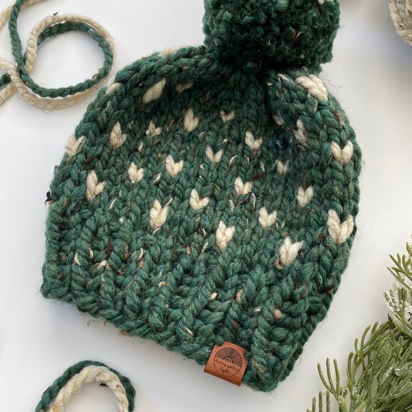 Chunky knit fair isle wool beanie for babies, toddlers and children + doll size option | modern boho toddler | Neutral style | green and oat