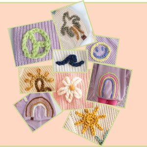 May include: A collection of knitted patches with various designs, including a peace sign, a wave, a flower, a rainbow, a smiley face, a sun, and a tree. The patches are all made with different colored yarn and are perfect for adding a touch of whimsy to any project.