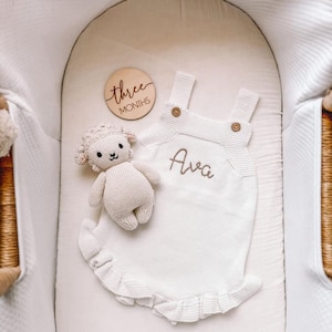 Hand embroidered knit ruffle baby romper | customized | baby gift | girl newborn toddler name romper | baby shower | coming home outfit