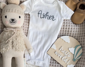 Hand embroidered white baby oneise | bodysuit | newborn gift | baby shower gift | cotton onesie | coming home outfit