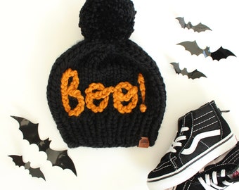 ¡Buu! Gorro con pompón / Tejido a mano / Halloween / Hecho a mano / Gorro para niño / Gorro para bebé / Gorro para bebé / Gorro con pompón gigante