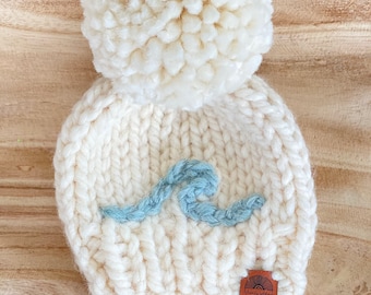 Hand knit wave chunky knit beanie |  baby, toddler or child Pom Pom hat | winter hat | modern boho | ivory - dusty blue