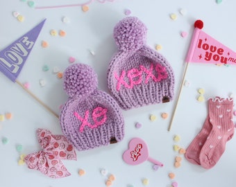 XOXO Pom Pom beanie | Hand knit | Valentines | handmade | toddler beanie | toddler hat | baby girl hat | baby beanie | love hat | jumbo pom