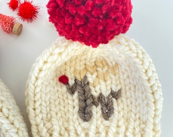Hand knit Reindeer chunky knit beanie |  for baby, toddler or child | Pom Pom hat | winter hat | reindeer | Rudolph | ivory + cranberry