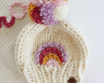 Hand knit rainbow | chunky knit wool | baby, toddler or child Pom Pom beanie| also doll + me | modern boho baby | lilac + mustard + rouge