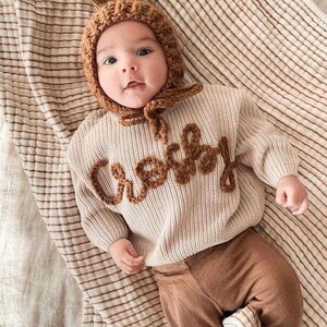 CUSTOM embroidered name sweater | toddler name sweater | personalized baby name sweater | hand embroidered | chunky yarn | oat color