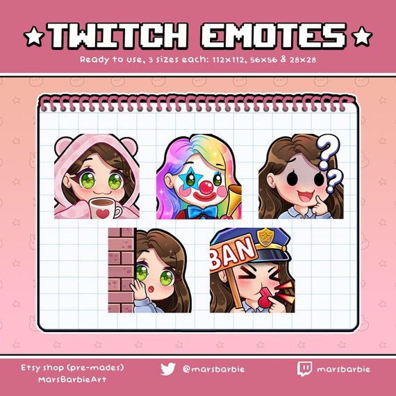 Twitch Emotes / 6 Cute chibi emoji emotes for streamers / kawaii brunette  girl stream emoji gg hype rage lol