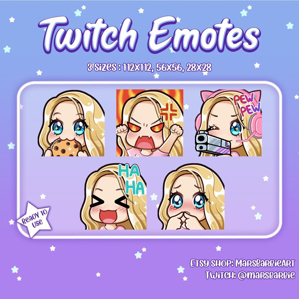 Twitch Emotes / 6 Cute chibi emoji emotes for streamers / kawaii brunette girl stream emoji gg hype rage lol