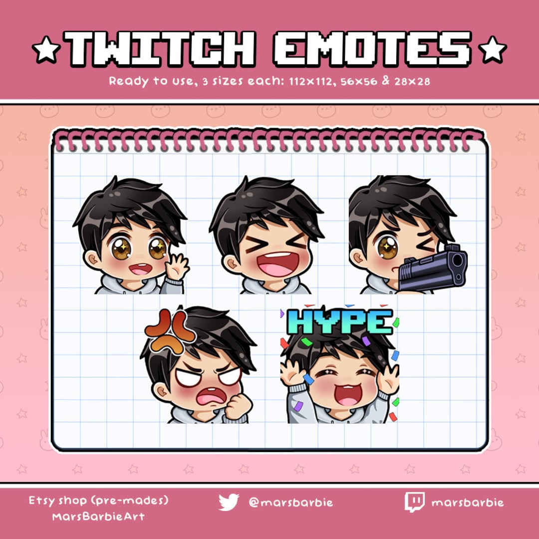 Twitch Emotes // Boy Chibi Emoji Emotes for Streamers / Black Hair