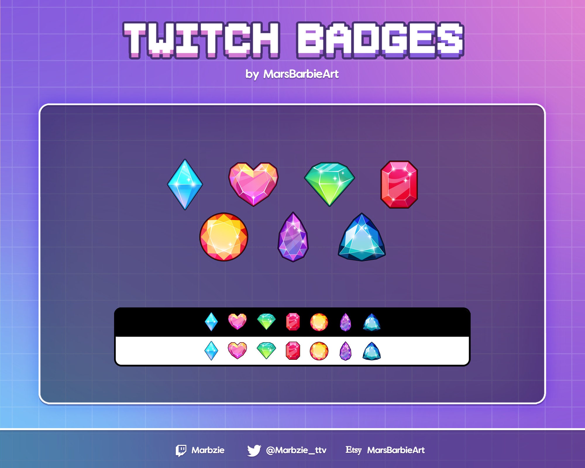 PIXEL Diamonds / Crystal Twitch Sub Badges and Discord Emotes 