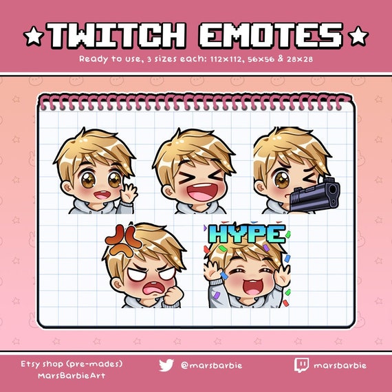 Twitch emotes Boy chibi emotes for streamers Blonde hair /& green eyes