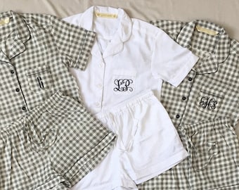 Grey Plaid Pajama Set: Cotton Bridesmaid Shirt & Shorts
