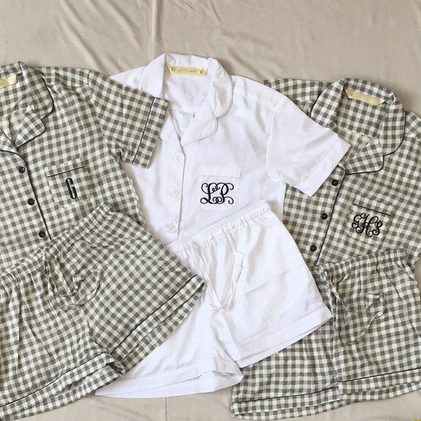 Grey Plaid Matching Shirt Short Bridesmaid Pajamas for Bridal Slumber party and Wedding proposal box as Bridesmaid Gifts.