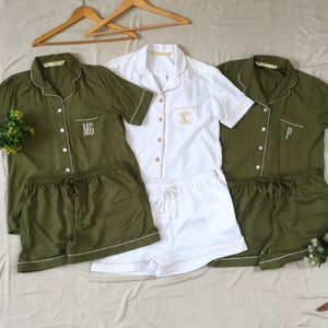 Olive Green Shirt Short Set, Long Pant Pajamas, Bridesmaid Pajamas, Wedding Pyjamas, Matching Pajamas, Flower Girl Pajamas, Pajama Set