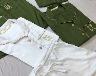 Conjunto de pijama verde-oliva em rayon, bordado para casamento, pijama macio.