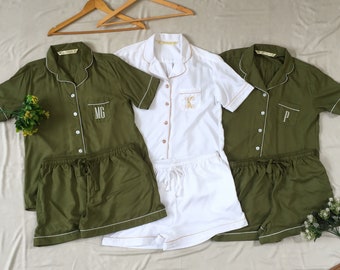 Olive Green Shirt Short Set, Long Pant Pajamas, Bridesmaid Pajamas, Wedding Pyjamas, Matching Pajamas, Flower Girl Pajamas, Pajama Set