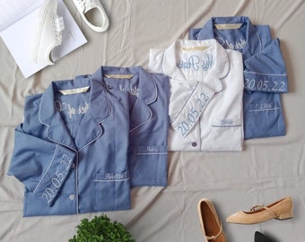 Bridesmaid Pajamas in Dusty Blue, White Bridal Pajama. Over sized sleep shirts with side & front pocket also comes in Shirt Short/Pant Sets.