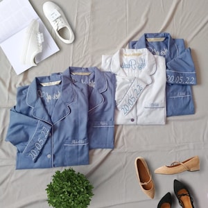 Bridesmaid Pajamas in Dusty Blue, White Bridal Pajama. Over sized sleep shirts with side & front pocket also comes in Shirt Short/Pant Sets.