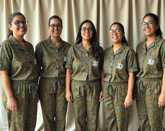 Green cotton floral shirt long pant getting ready matching bridesmaids pajamas.