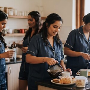 Pode incluir: Quatro pessoas numa cozinha, vestindo pijamas azul marinho combinando com detalhes brancos, preparando comida e bebidas. Uma pessoa serve caf&eacute;, enquanto outras preparam o caf&eacute; da manh&atilde;. A cena sugere uma reuni&atilde;o ou evento.