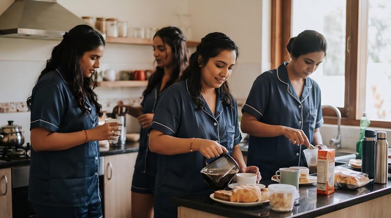 Pode incluir: Quatro pessoas numa cozinha, vestindo pijamas azul marinho combinando com detalhes brancos, preparando comida e bebidas. Uma pessoa serve caf&eacute;, enquanto outras preparam o caf&eacute; da manh&atilde;. A cena sugere uma reuni&atilde;o ou evento.
