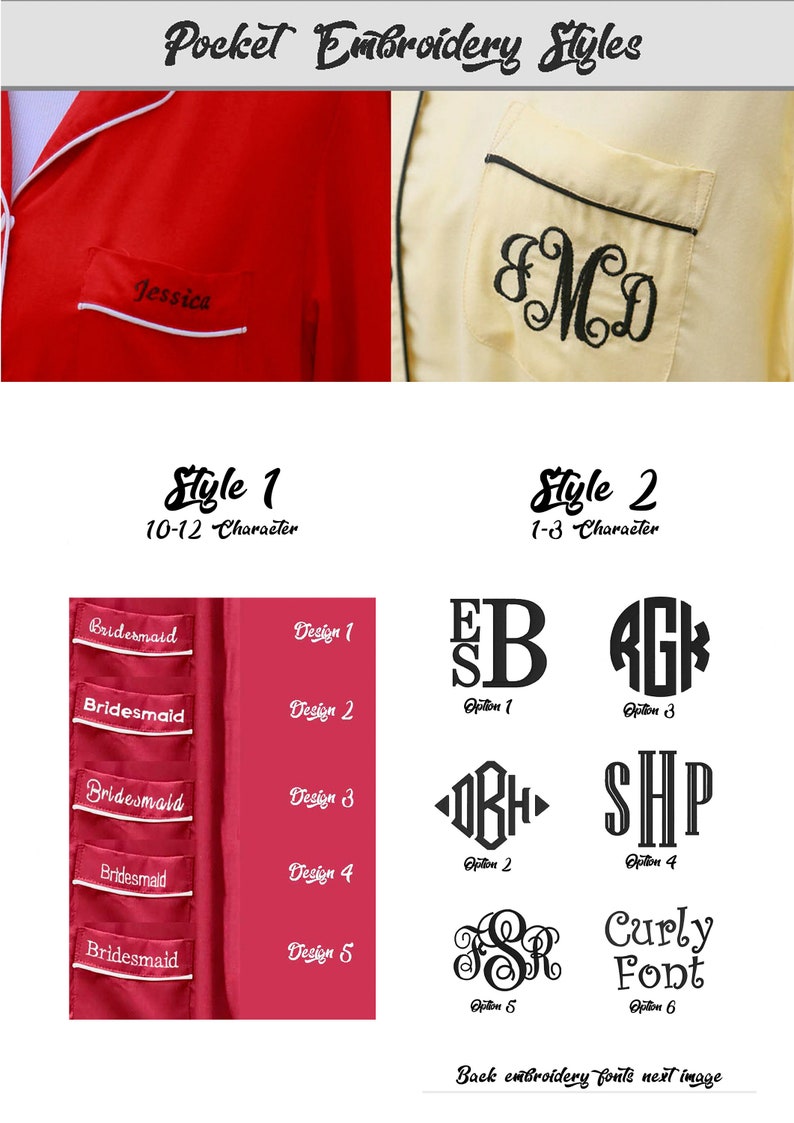 May include: A guide to pocket embroidery styles with two examples of embroidered pockets. The first pocket is red and has the name "Jessica" embroidered in a script font. The second pocket is yellow and has the initials "EMC" embroidered in a block font. The guide shows five different embroidery designs for names up to 12 characters and six different embroidery designs for initials.