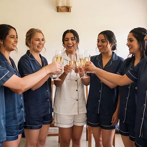 Pode incluir: Um grupo de pessoas em conjuntos de pijama azul marinho a condizer com acabamentos brancos, brindando com ta&ccedil;as de champanhe. Uma pessoa usa um conjunto de pijama branco. Os pijamas t&ecirc;m um monograma no bolso. O cen&aacute;rio &eacute; interior com luz natural.