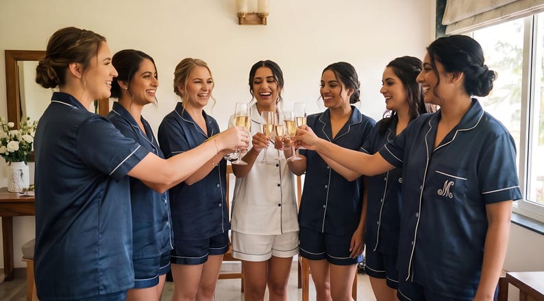 Pode incluir: Um grupo de pessoas em conjuntos de pijama azul marinho a condizer com acabamentos brancos, brindando com ta&ccedil;as de champanhe. Uma pessoa usa um conjunto de pijama branco. Os pijamas t&ecirc;m um monograma no bolso. O cen&aacute;rio &eacute; interior com luz natural.