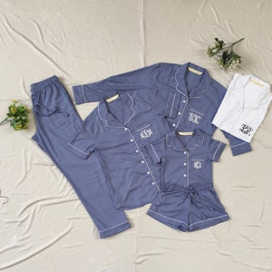 Matching Bridesmaid pjs Shirt short pant set for wedding party and destination ceremony. Matching boy girl pyjamas available.